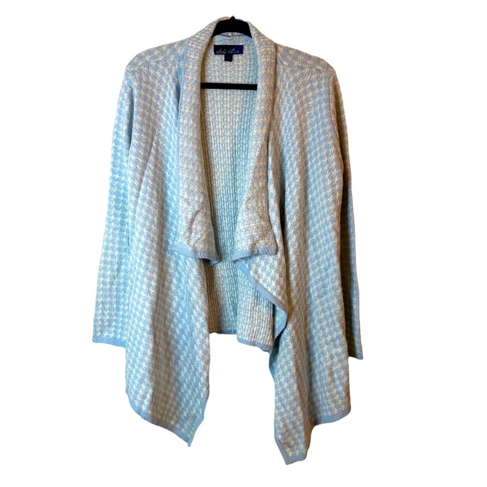 Francesca’s Blue Rain Light Blue White Square Pattern Open Front Cardigan